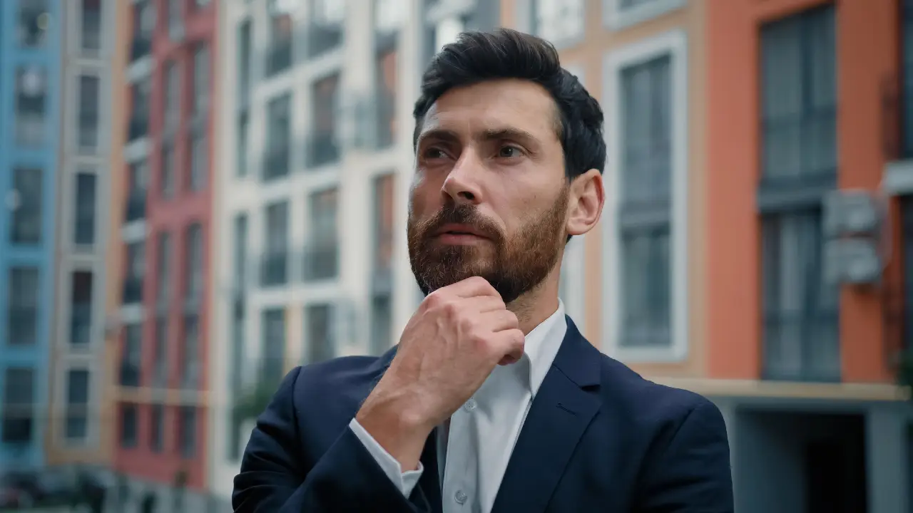 Uomo con barba, in giacca blu, tocca il mento, con edifici colorati sullo sfondo.