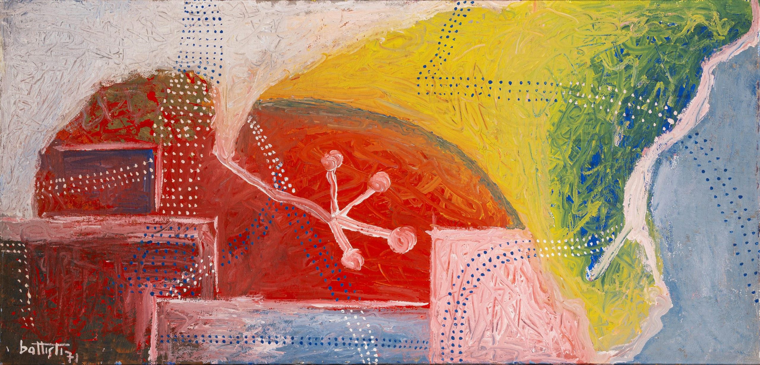 Pittura astratta con forme rosse, gialle, verdi e blu, puntini bianchi e blu.