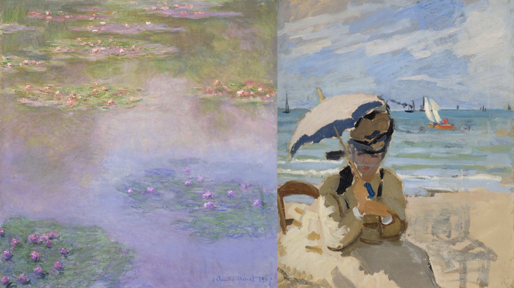 Laghetto con ninfee rosa e viola e donna con ombrellone in spiaggia con barche a vela.