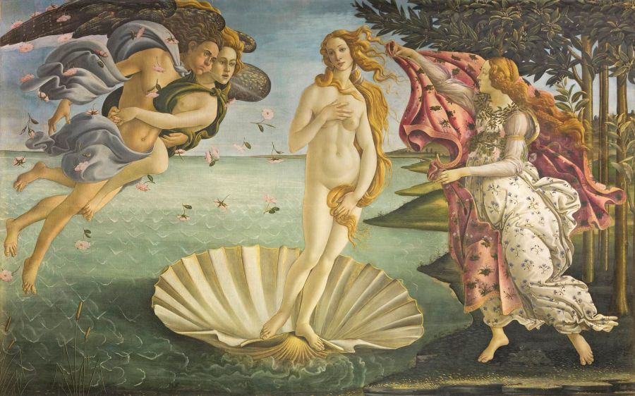 Venere su una conchiglia, con figure alate e una donna che la accoglie.