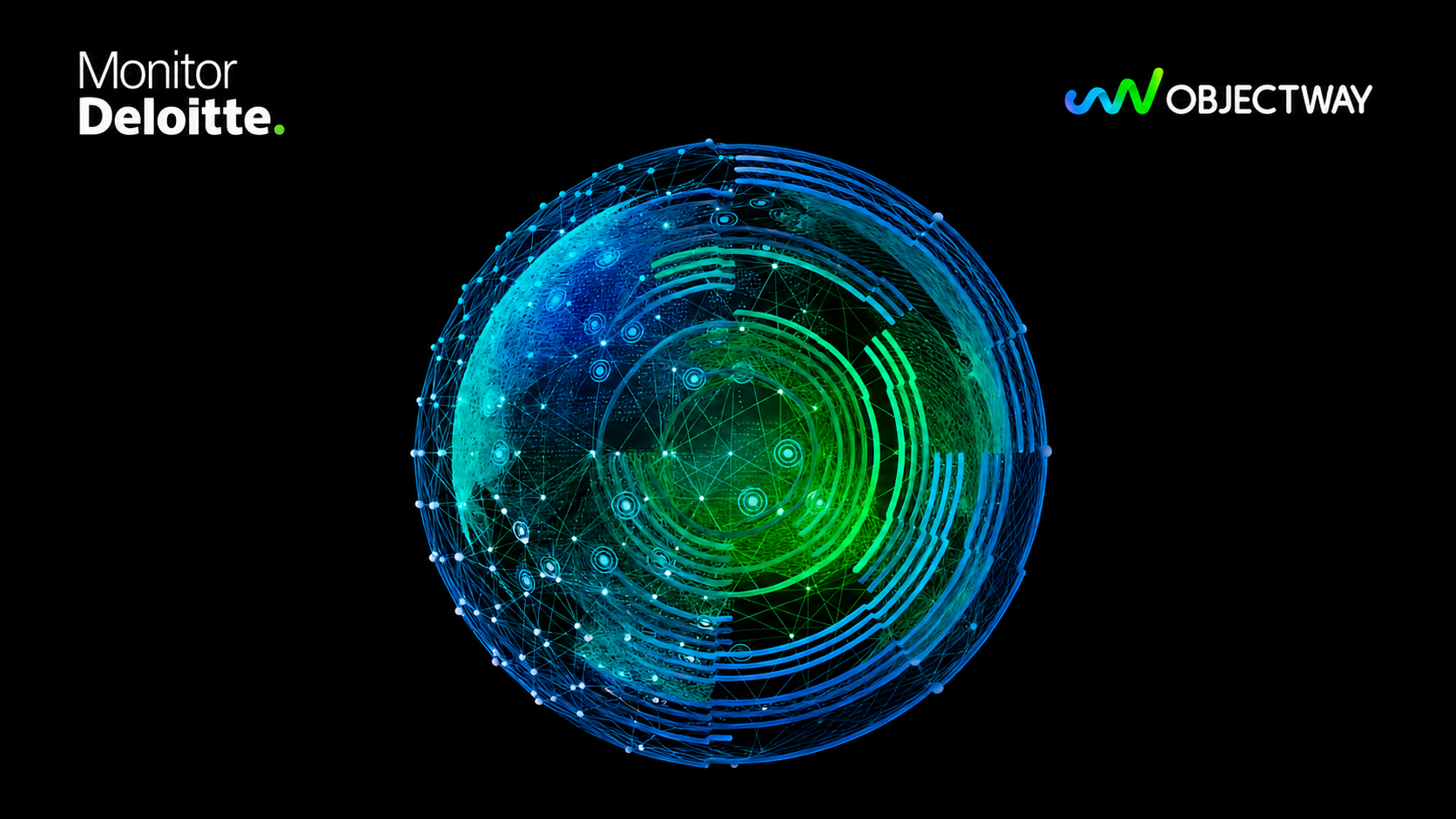 Globo digitale con connessioni, cerchi concentrici e loghi Deloitte e Objectway.