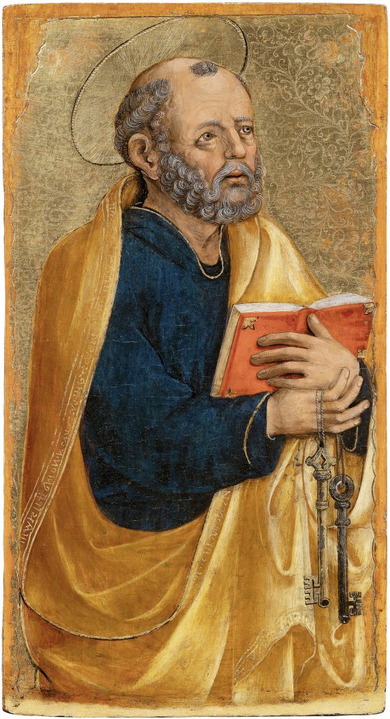 Uomo con aureola, libro rosso e chiavi appese a una catena.