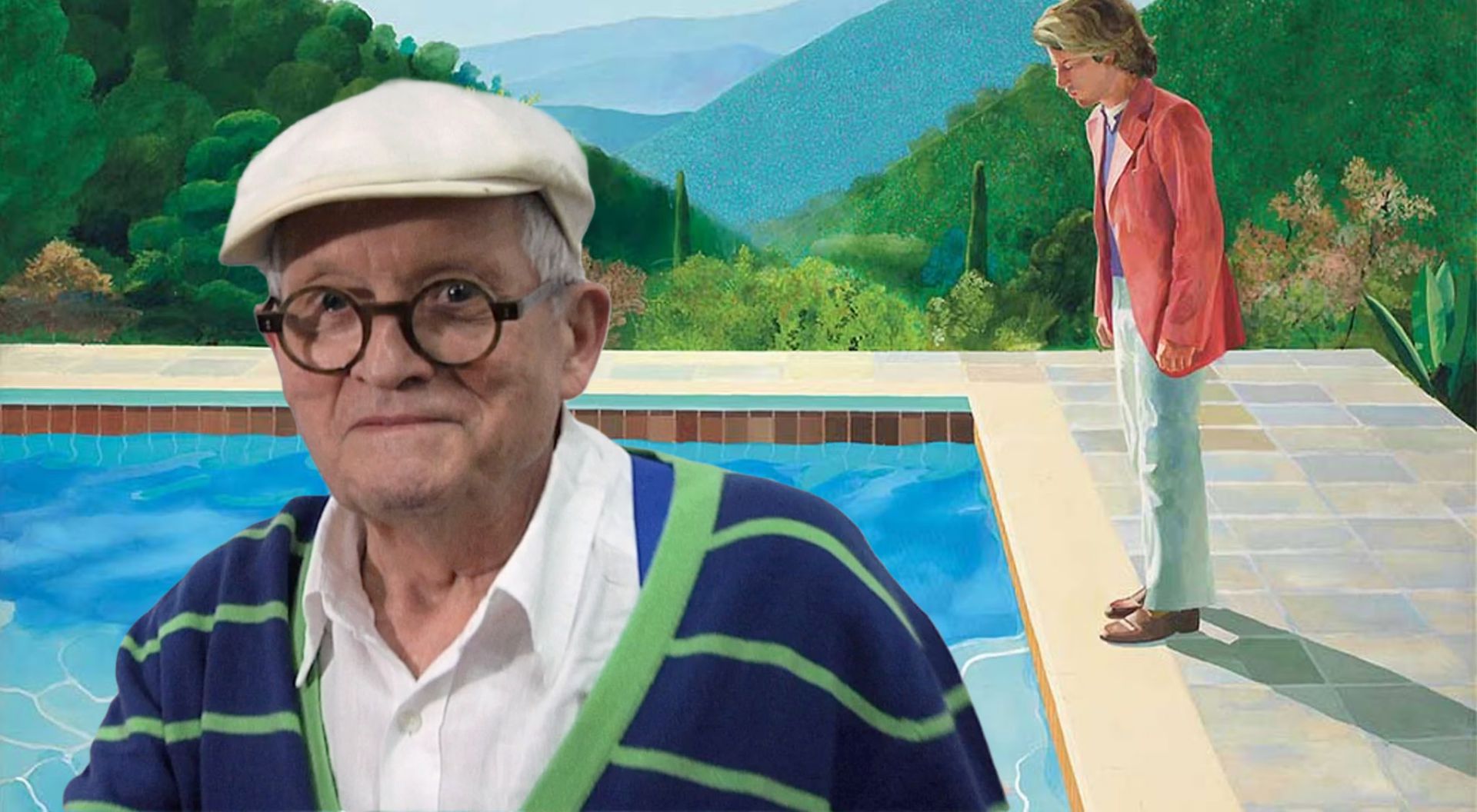 Uomo anziano con cappello e occhiali, accanto a una piscina, con un giovane in giacca rossa sullo sfondo.