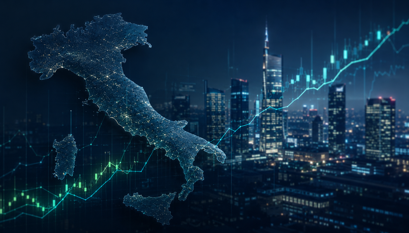Mappa luminosa dell'Italia con grafici finanziari e skyline di città moderne.