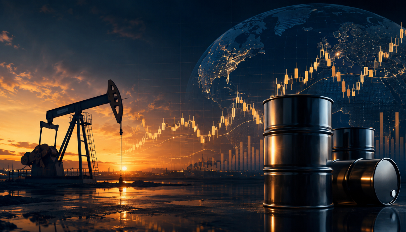 ETF petrolio con barili di greggio, grafico finanziario e mercato globale dell’energia