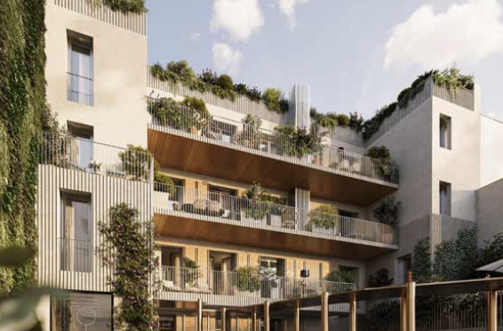 Edificio moderno con balconi verdi, pareti vegetali e tetto giardino.