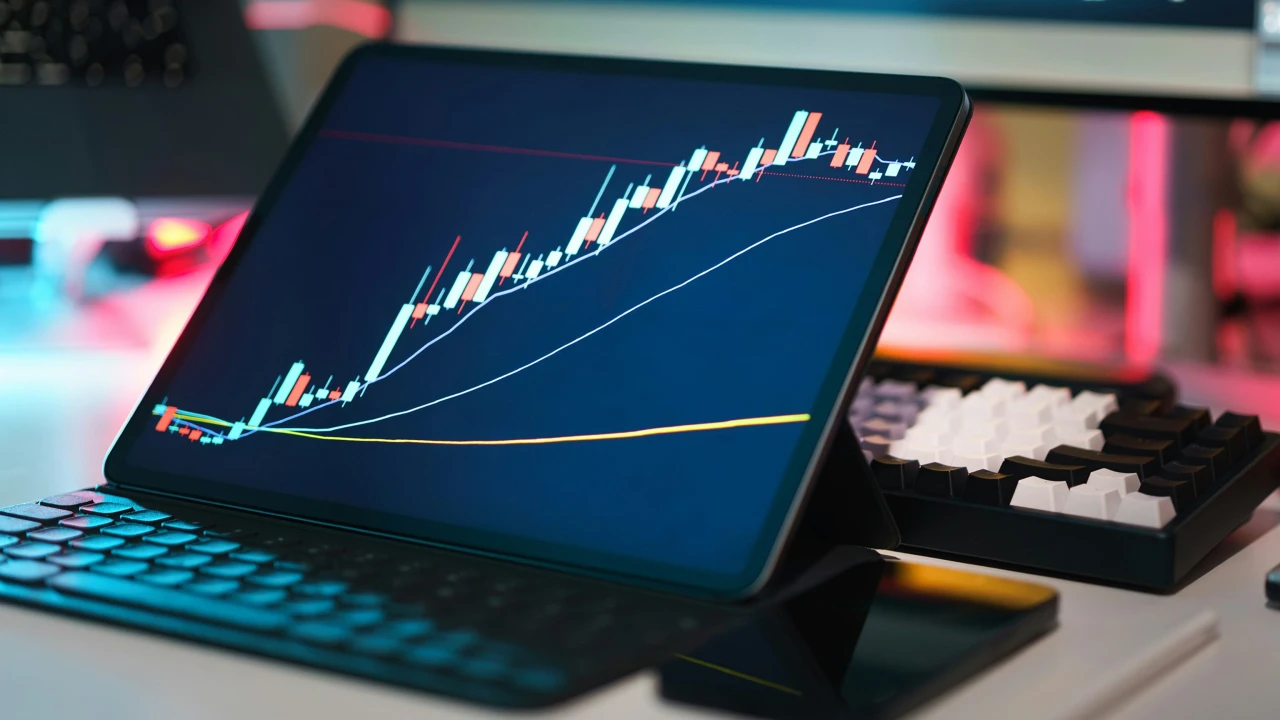 Tablet con grafico finanziario, tastiera e sfondo sfocato con luci colorate.