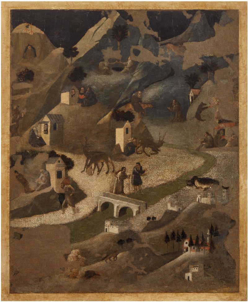 Paesaggio montuoso con figure, animali e piccoli edifici.
