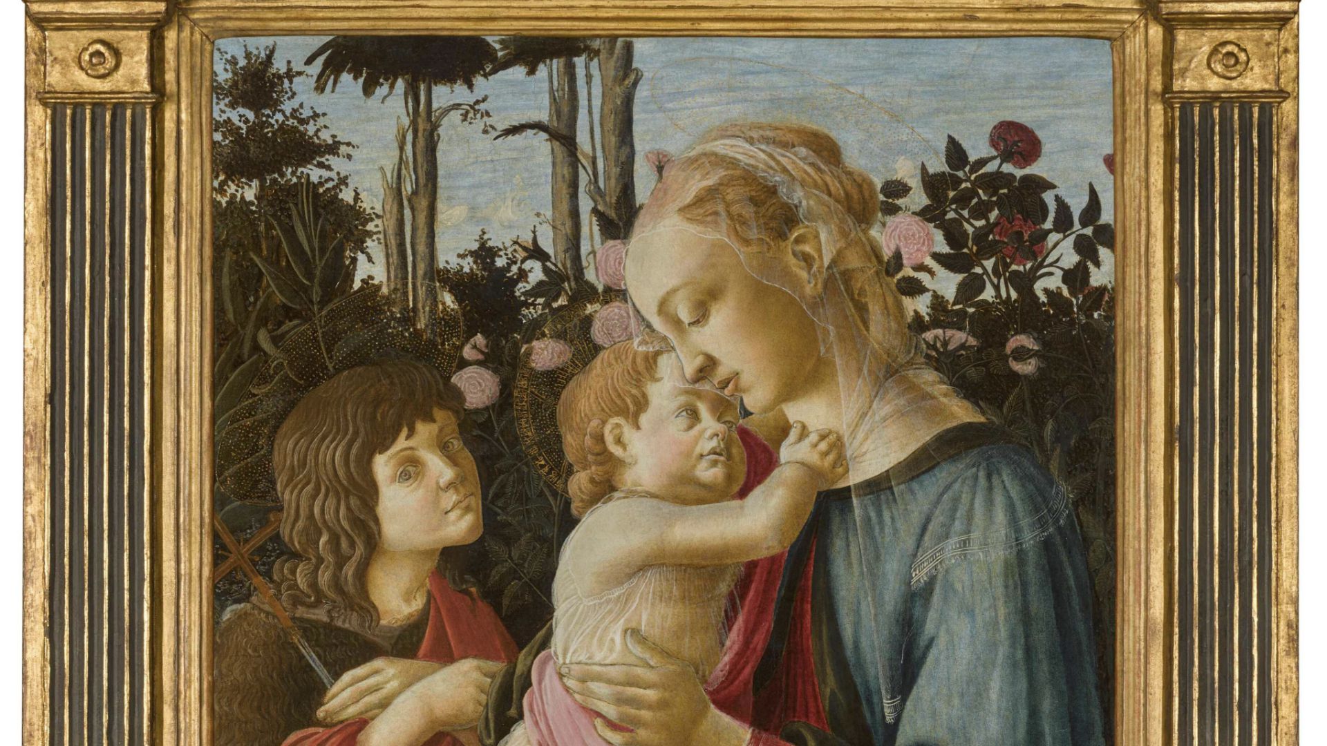 Madonna e Bambino con San Giovannino, circondati da rose e alberi.
