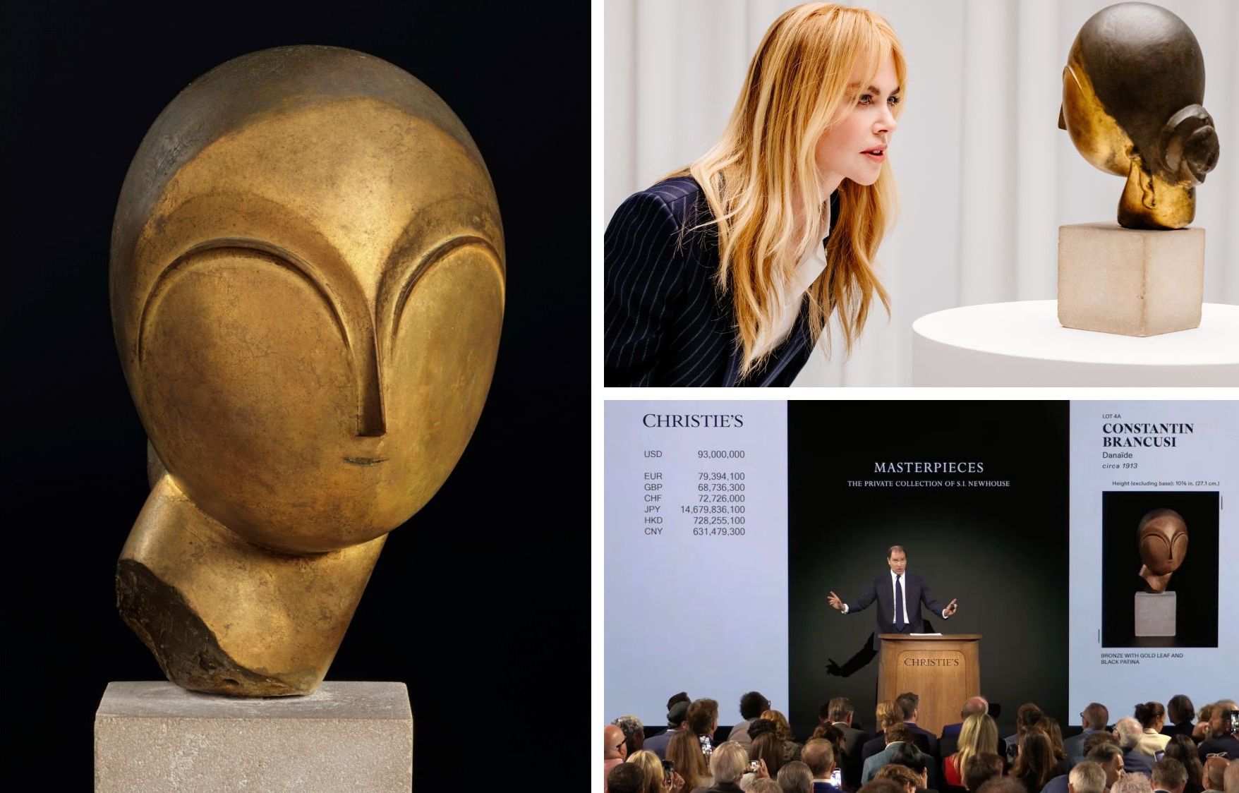 Scultura dorata di testa stilizzata, donna bionda, asta Christie's con prezzi e folla.