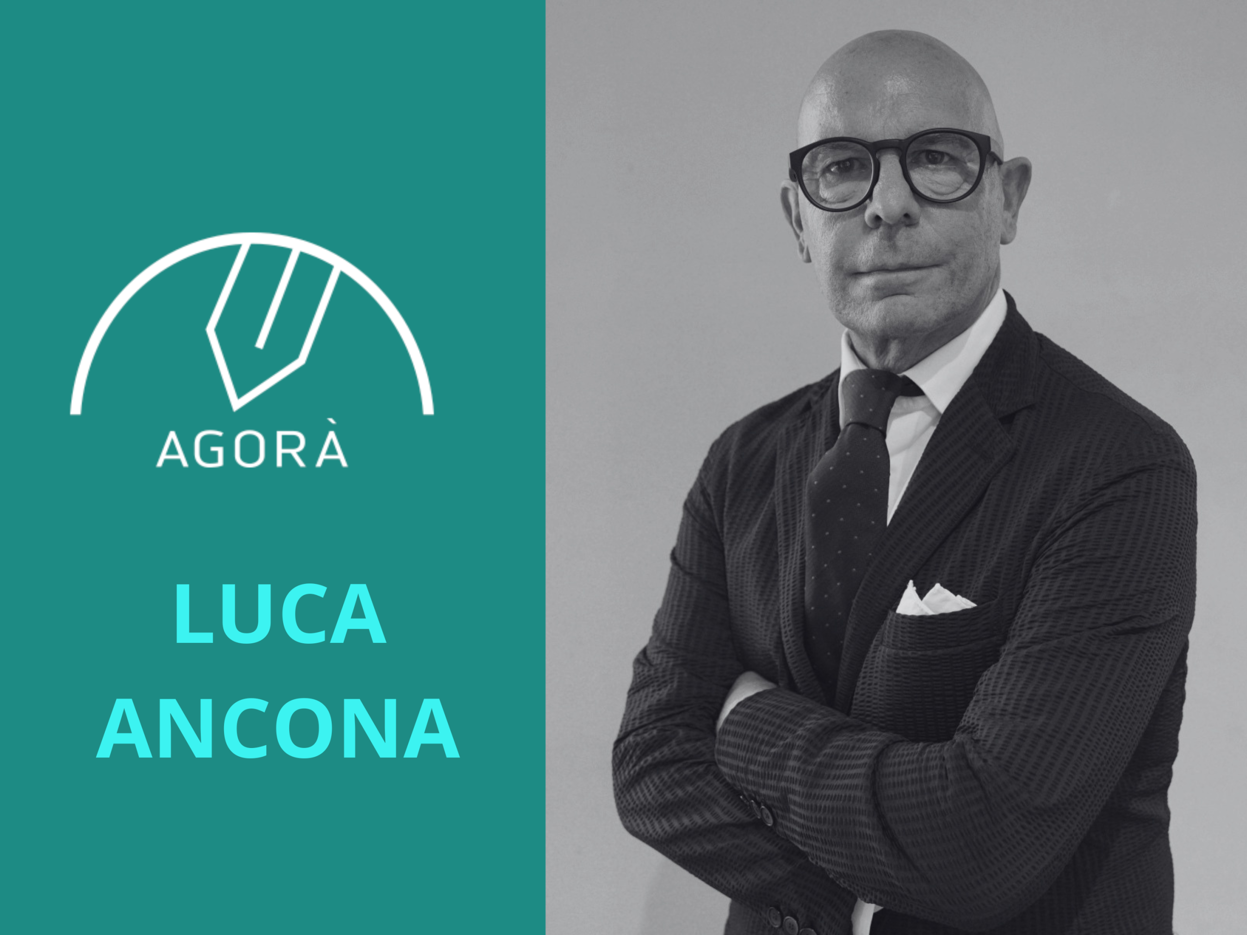 Uomo con occhiali, giacca e cravatta, con logo e nome "Luca Ancona".