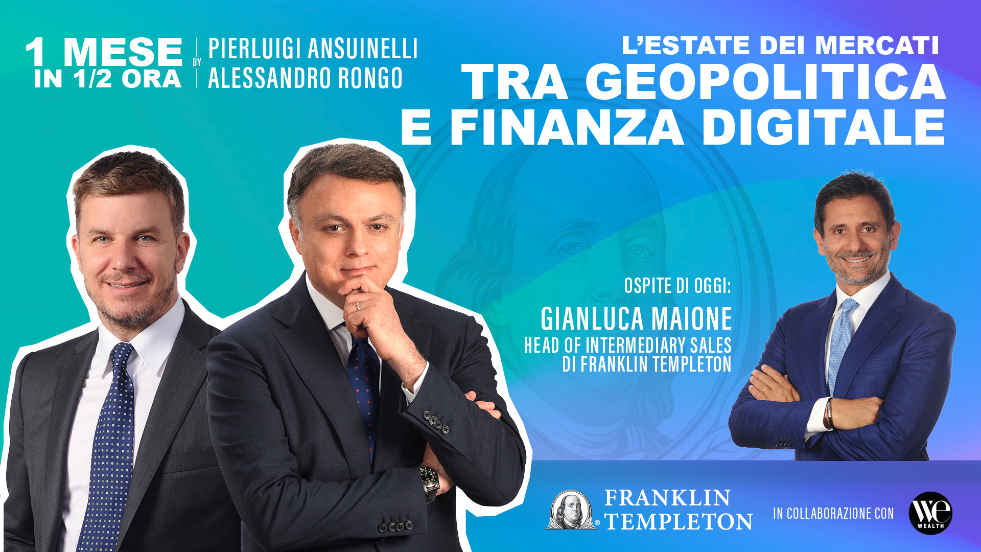 Tre uomini in abito, con testo su geopolitica e finanza digitale.