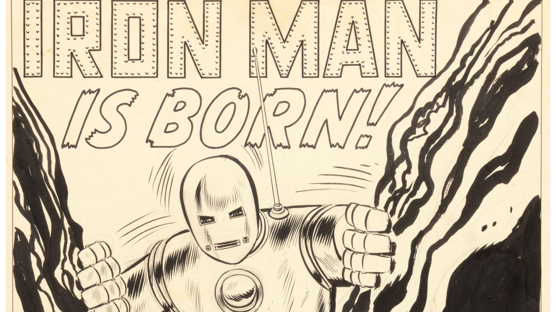 Iron Man in armatura, con fiamme nere e testo "IRON MAN IS BORN!".