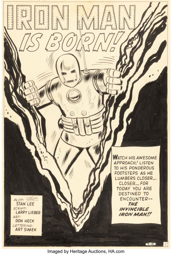 Iron Man in armatura, con fiamme nere ai lati e testo "Iron Man Is Born!".