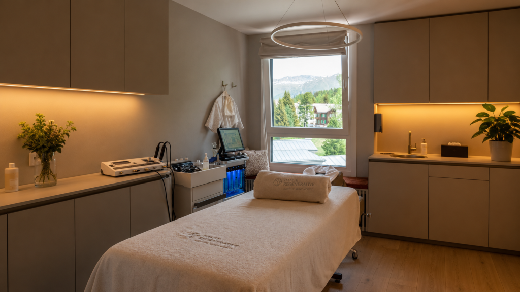 Lettino da massaggio, apparecchiature mediche, lavandino e finestra con vista sulle montagne.