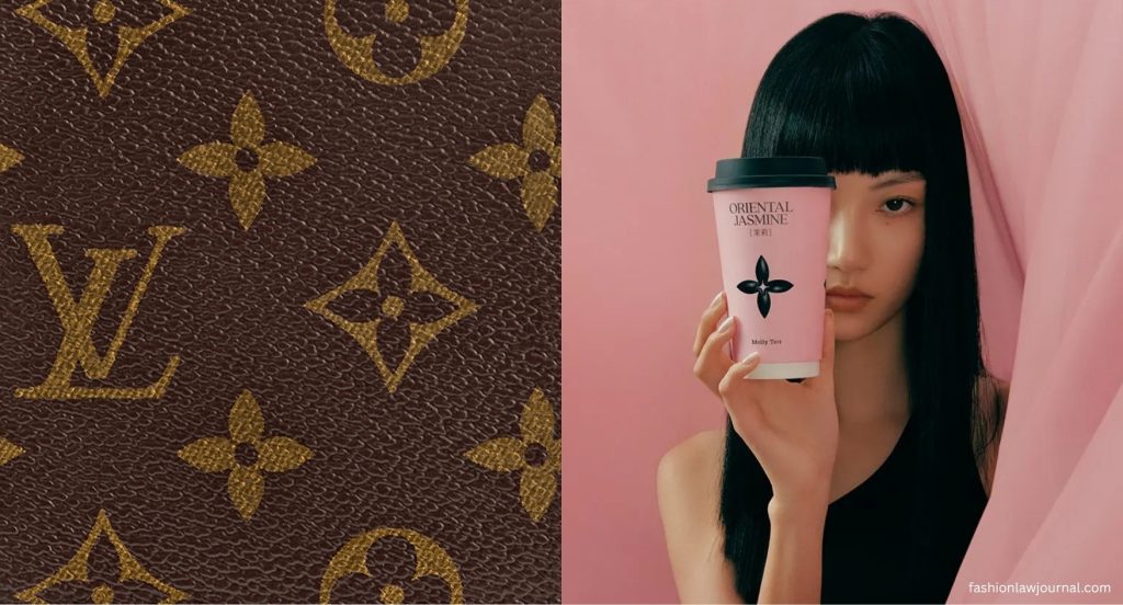 Tessuto marrone con logo LV dorato e ragazza con tazza rosa "Oriental Jasmine".