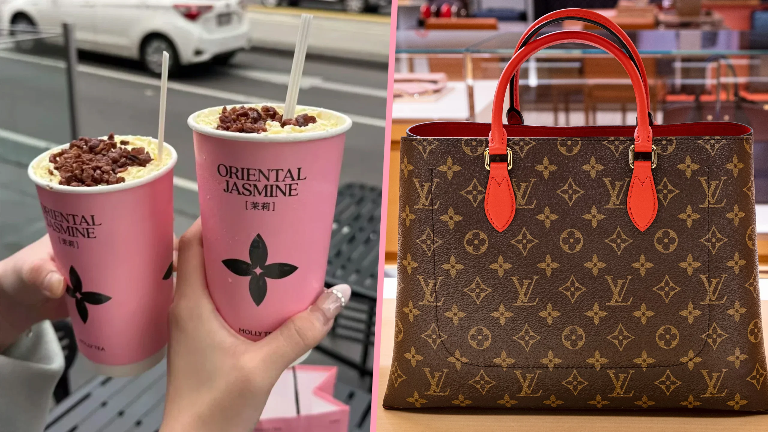 Due bicchieri rosa con bevanda e topping, una borsa marrone con monogramma e manici arancioni.
