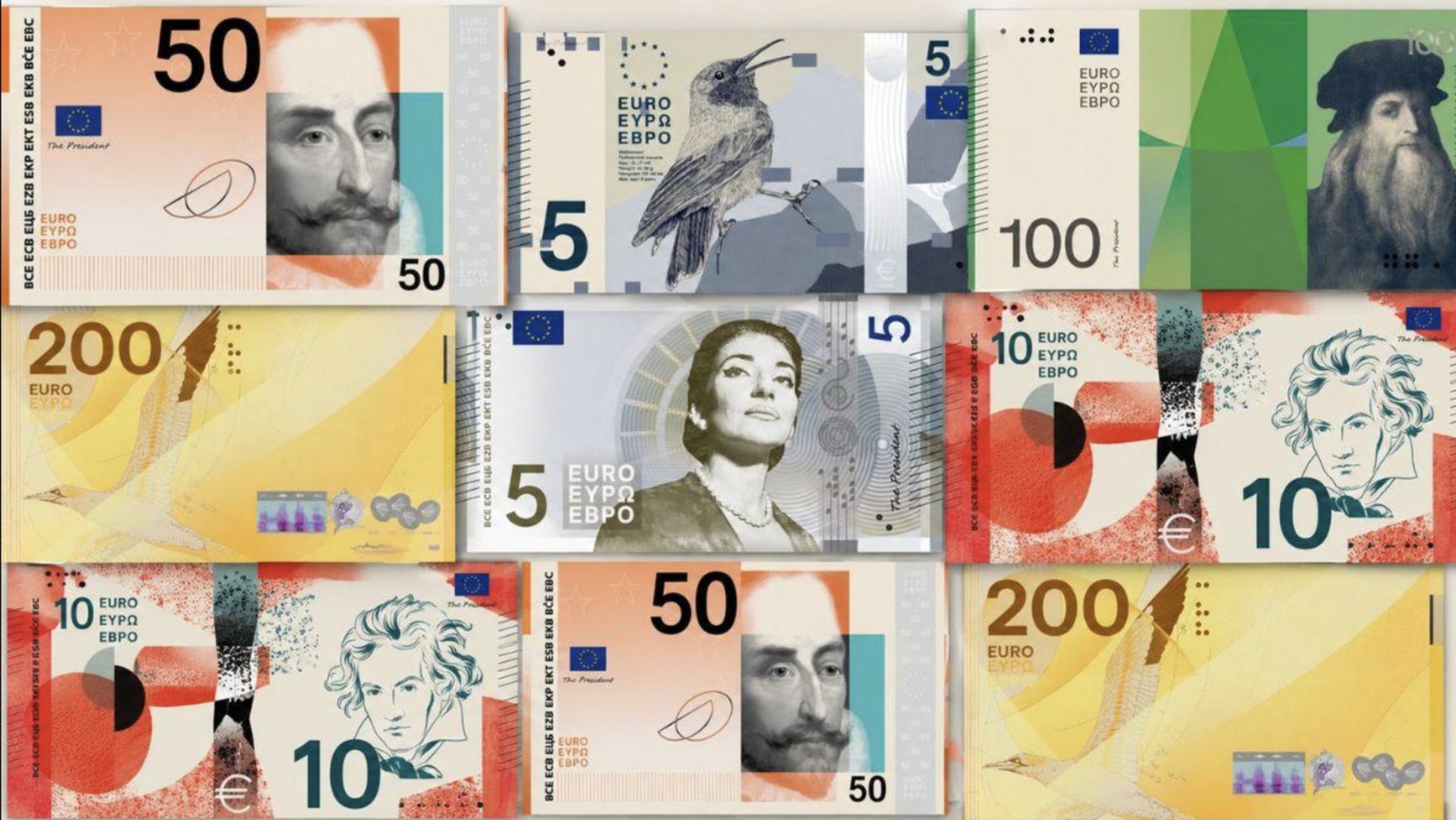 Banconote euro con ritratti, uccelli, architetture e numeri.
