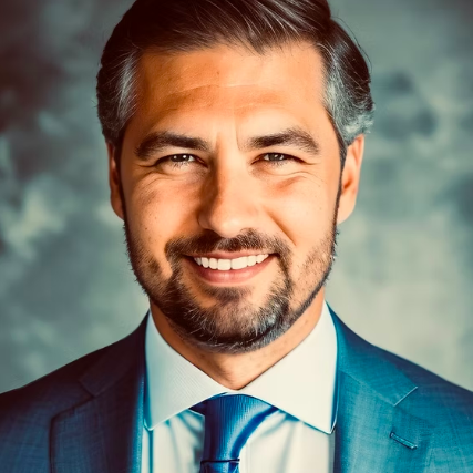 Uomo sorridente con barba, indossa un abito blu e cravatta blu.