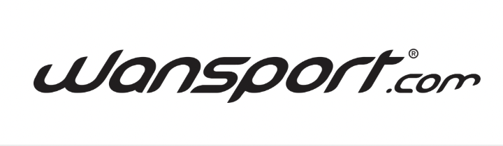 Logo nero con testo "Wansport.com" su sfondo bianco.
