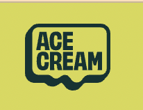 Logo stilizzato con testo "ACE CREAM" su sfondo giallo.