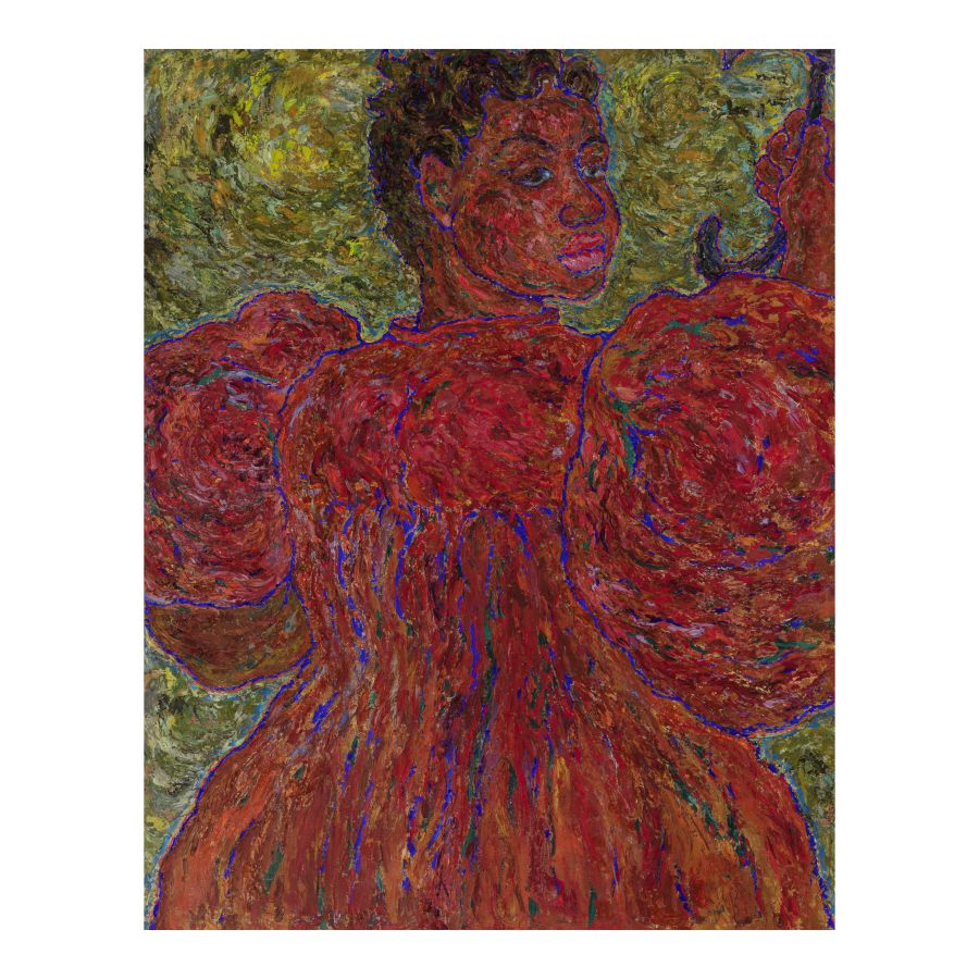 Ritratto di una persona con abito rosso e sfondo verde.