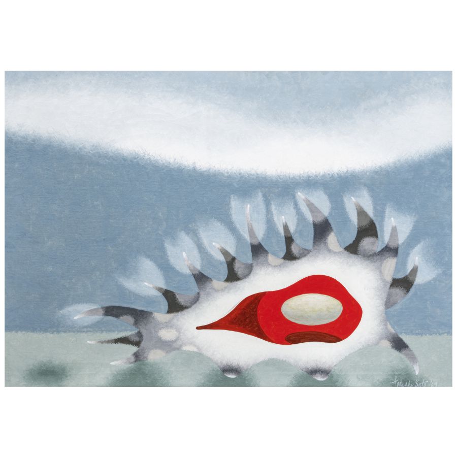 Creatura bianca con spine grigie e rosse, con un occhio ovale bianco e rosso al centro.