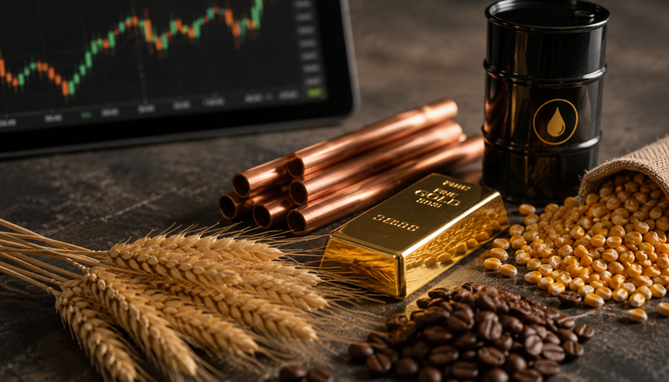 Grafico finanziario, lingotto d'oro, chicchi di caffè, spighe di grano, barile di petrolio e mais.