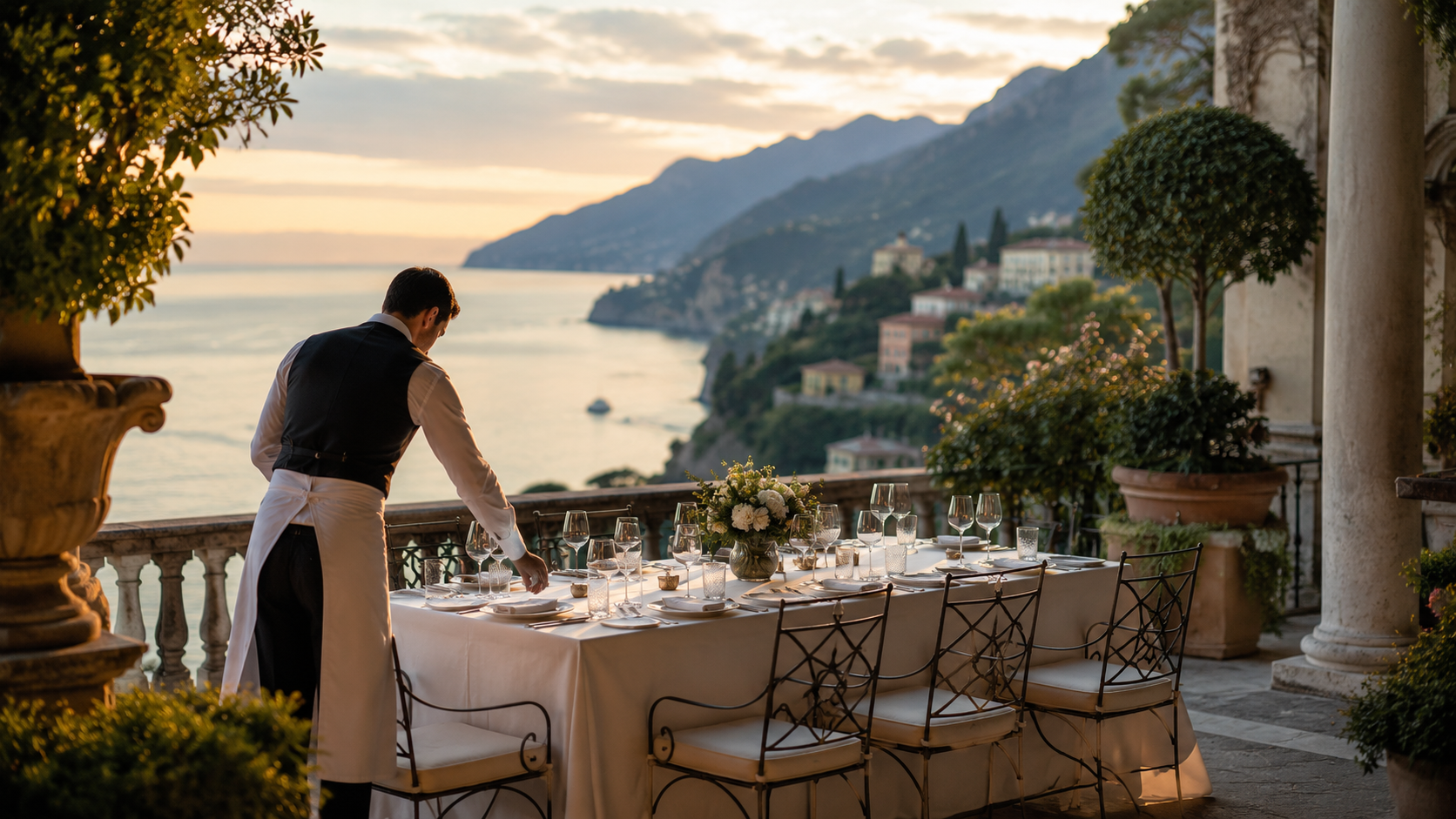 Cameriere apparecchia tavola elegante su terrazza con vista mare al tramonto.