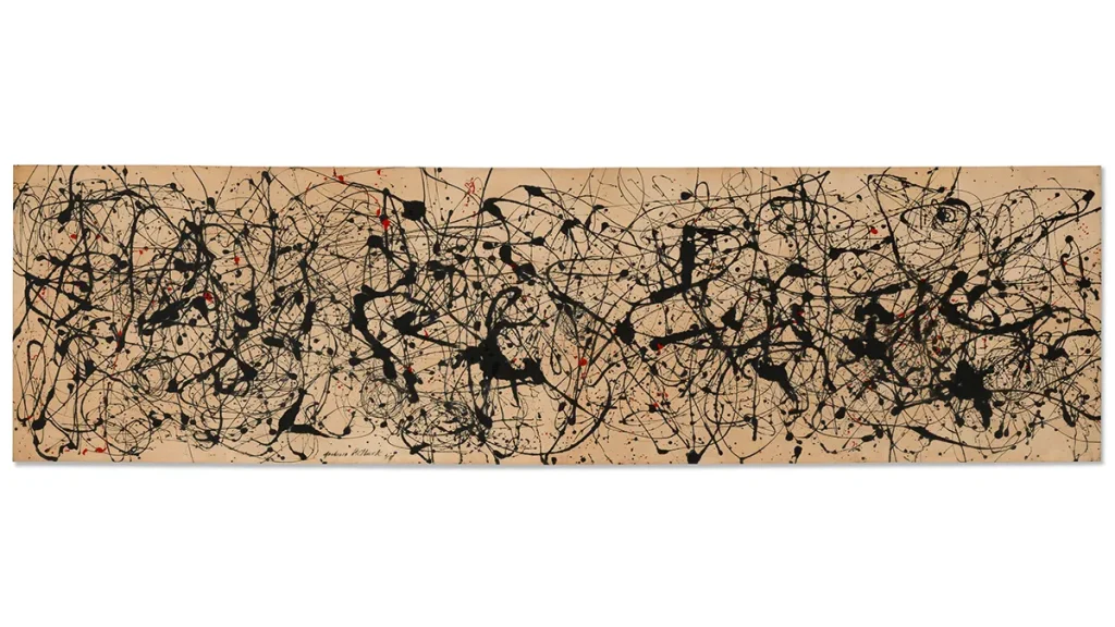 Dipinto astratto con schizzi di vernice nera e rossa su sfondo beige.