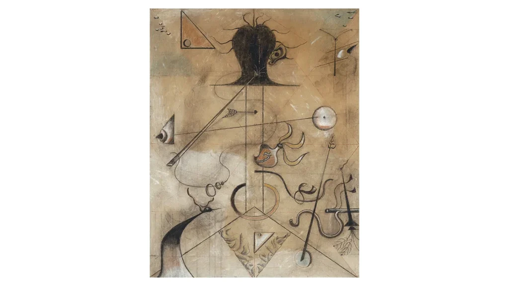 Composizione surrealista con testa, occhi, frecce, strumenti musicali e forme geometriche.