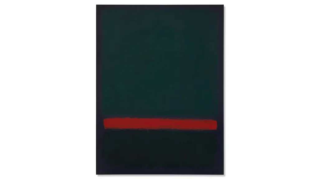 Tela astratta con tre fasce di colore: verde scuro, rosso e nero.