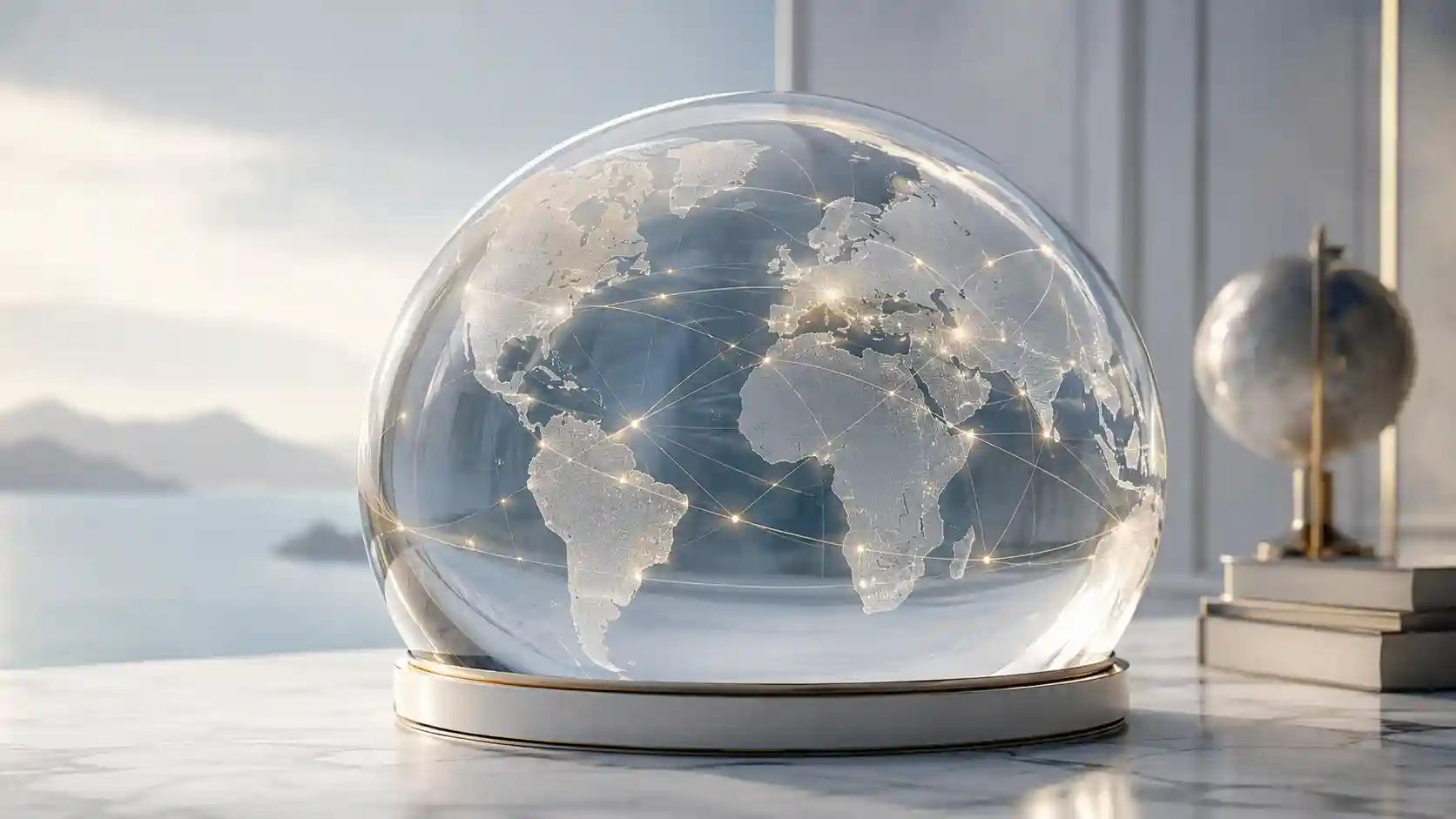 Globo di vetro con mappa del mondo illuminata e connessioni, su un tavolo di marmo.