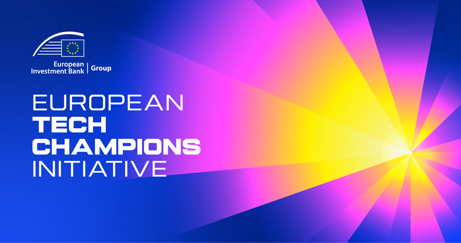 Logo della Banca Europea per gli Investimenti e testo "European Tech Champions Initiative" su sfondo sfumato.