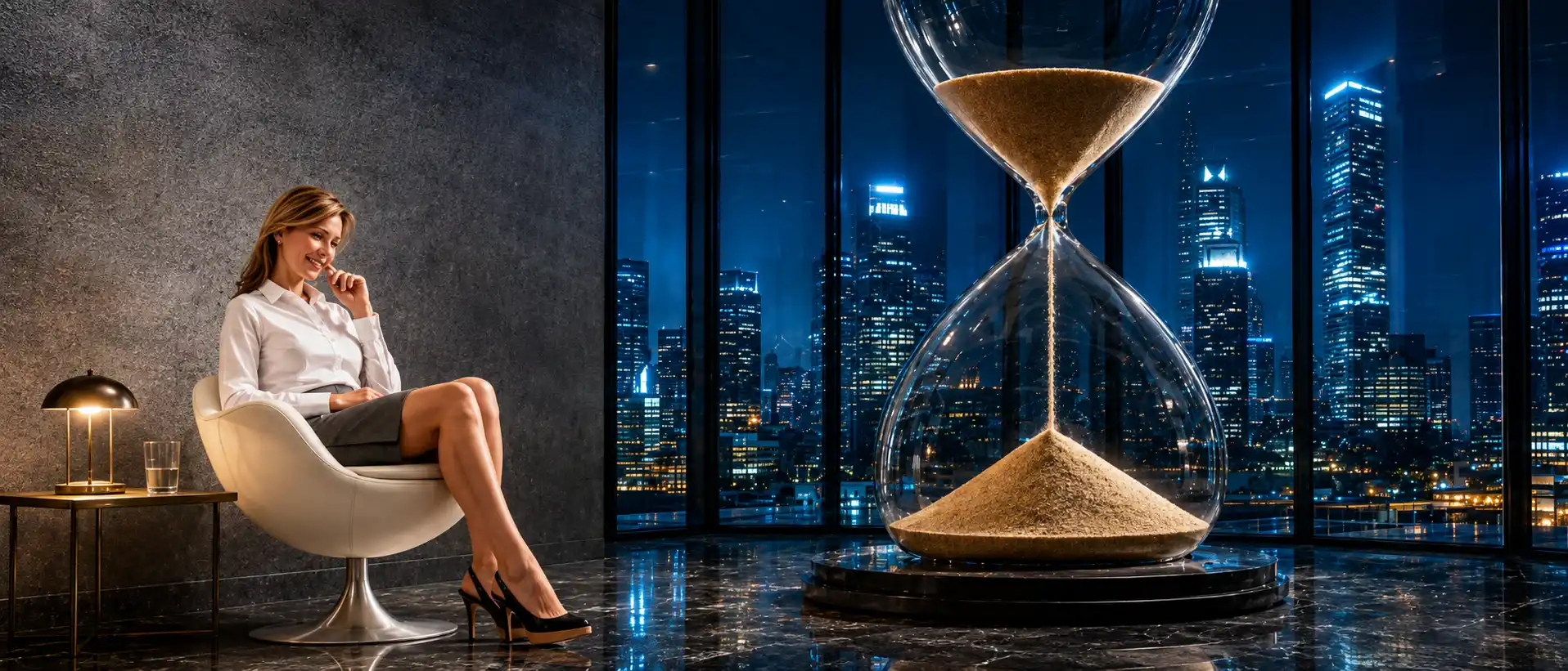 Donna in poltrona, clessidra gigante e skyline cittadino notturno.