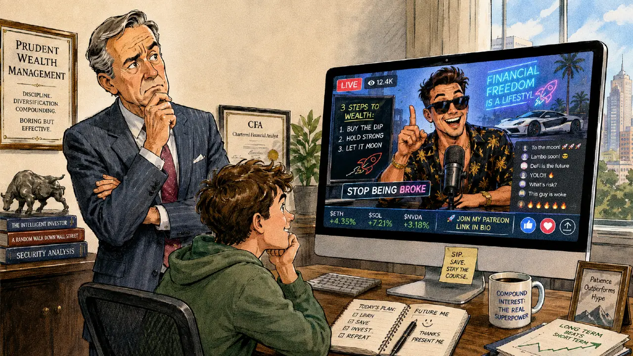 Uomo anziano guarda ragazzo che osserva streamer su schermo con auto sportiva e criptovalute.