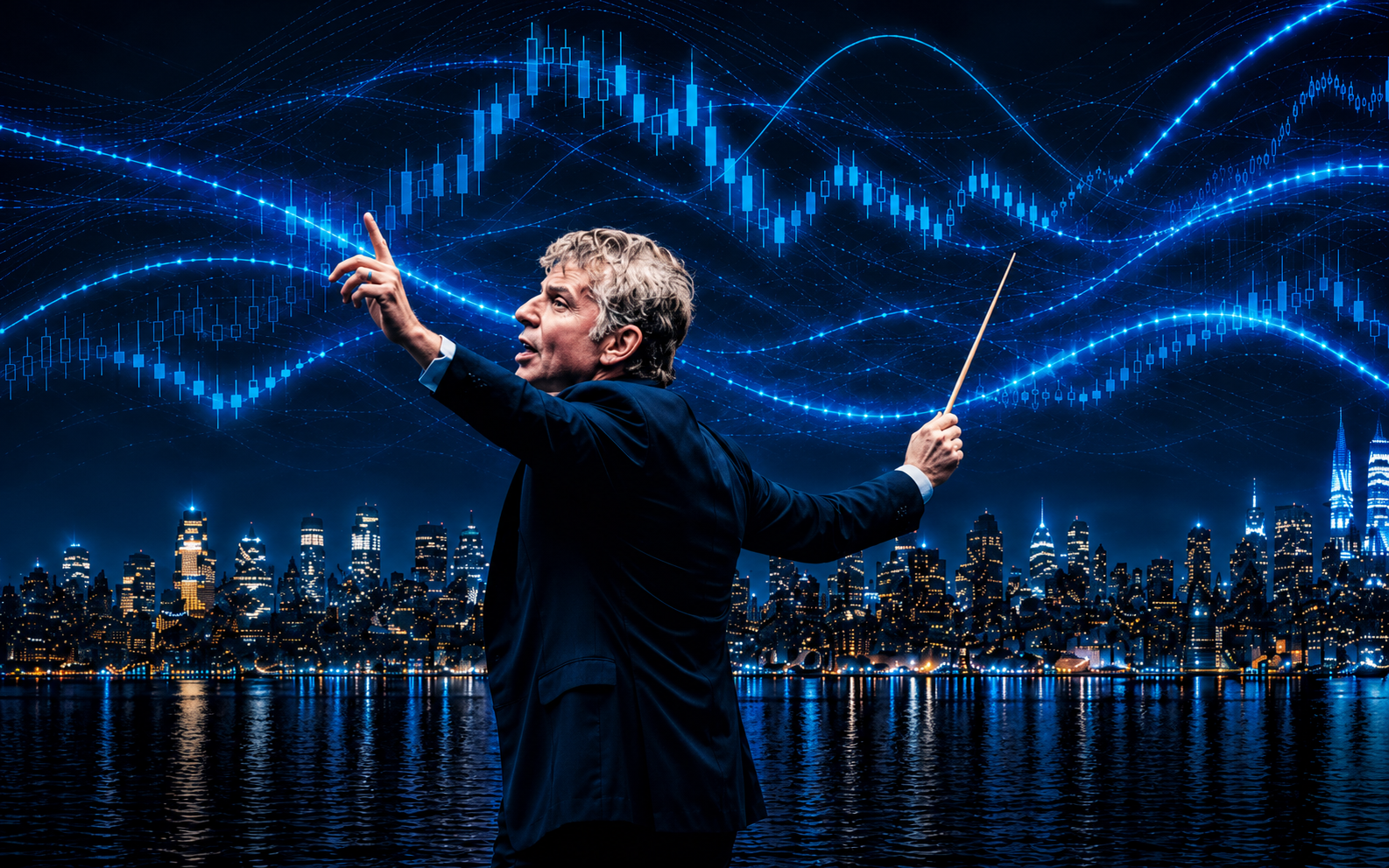 Uomo con bacchetta dirige grafici finanziari luminosi sopra skyline notturno.