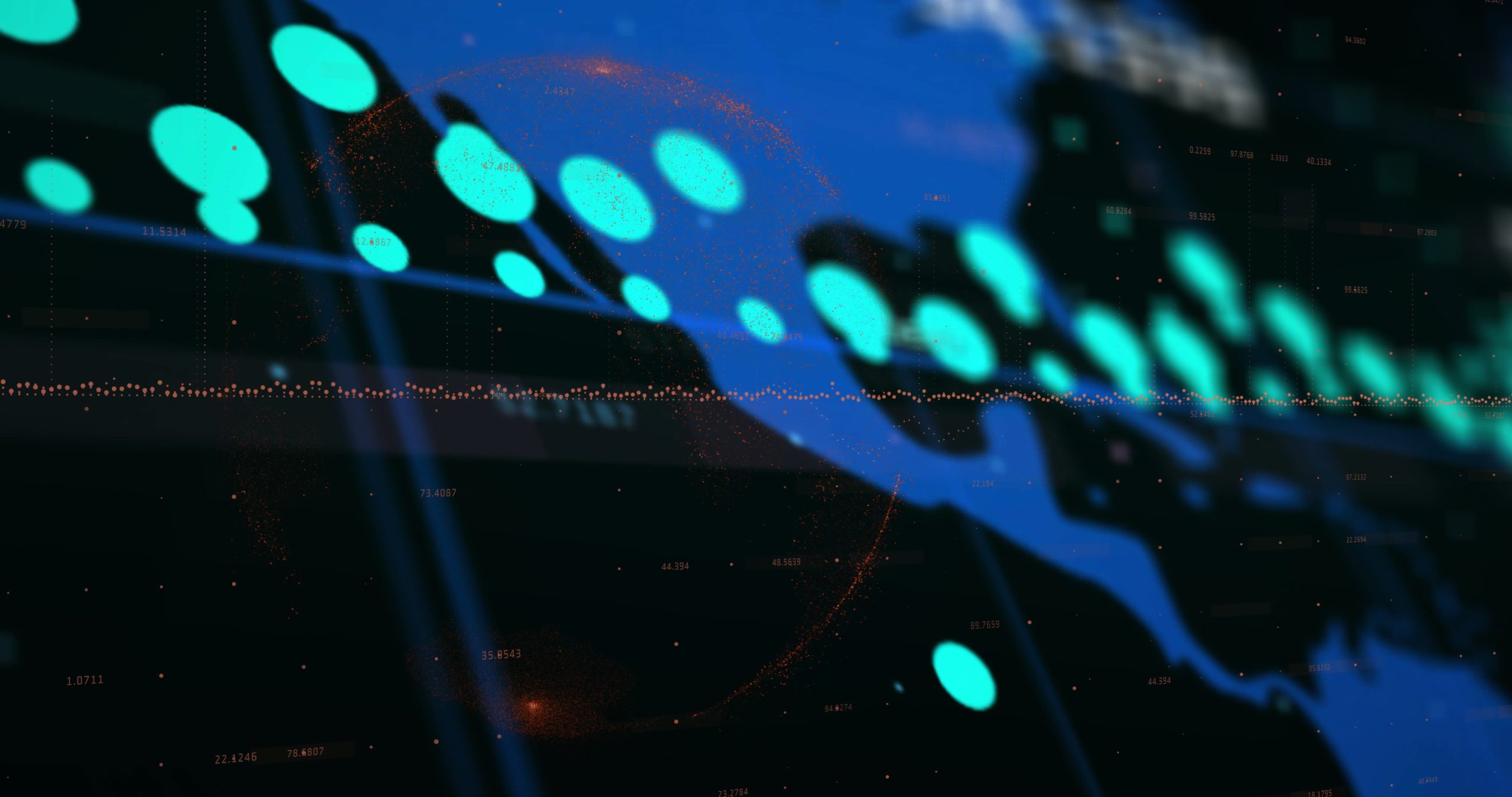 Punti arancioni fluttuano su uno sfondo blu scuro con sfere luminose turchesi.