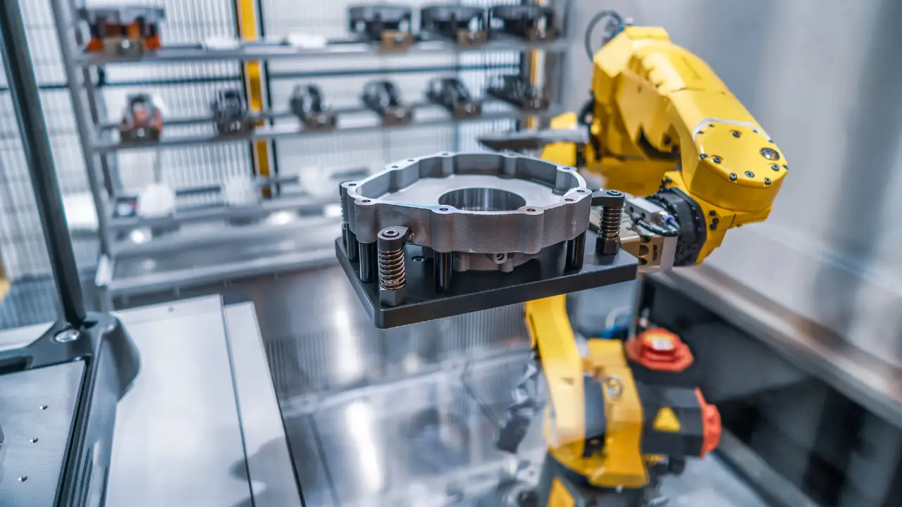 Braccio robotico giallo solleva un pezzo metallico su una linea di produzione.