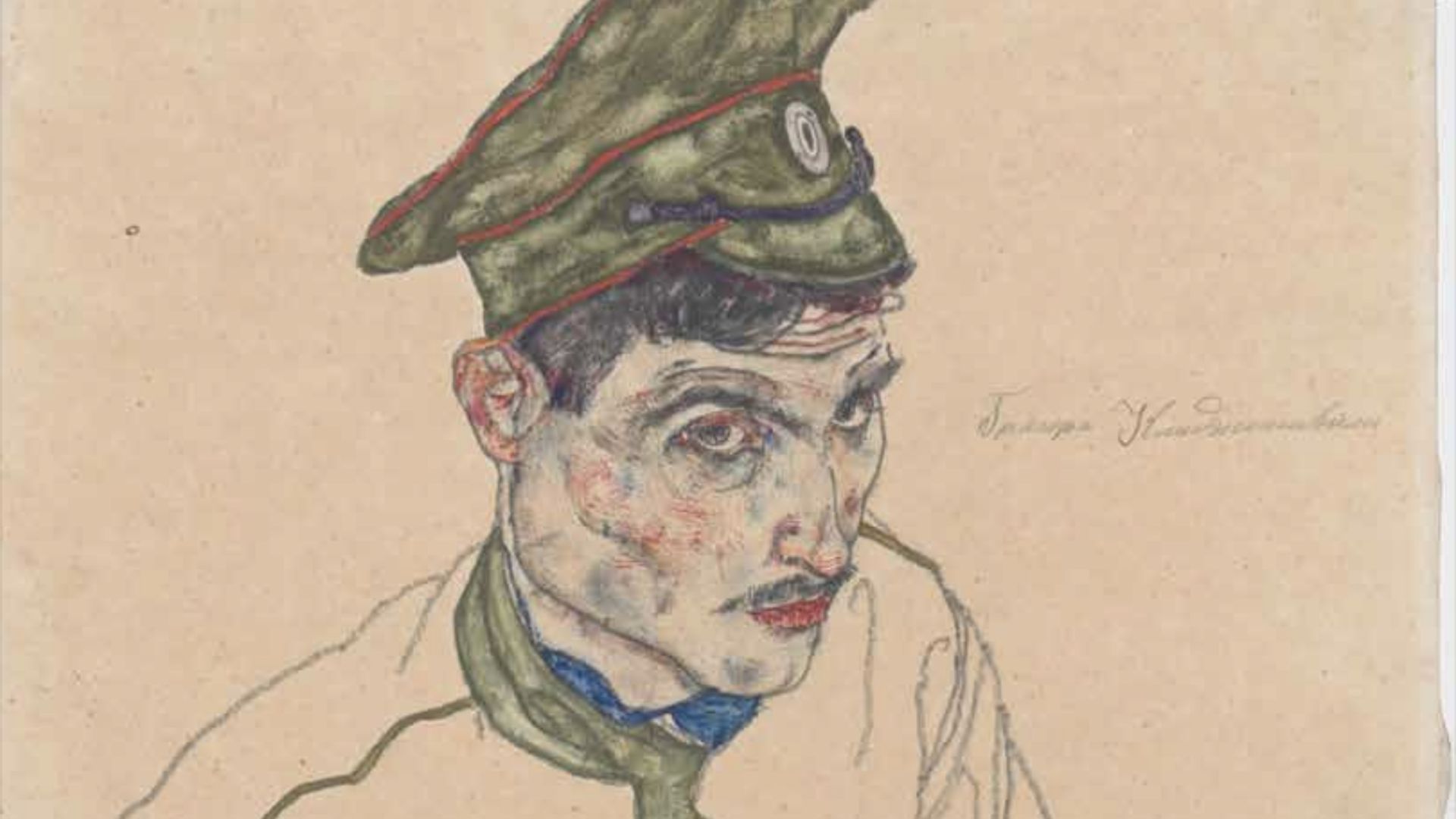 Disegno di un uomo in uniforme militare verde e cappello con rifiniture rosse, che guarda verso l'alto con un'espressione seria. Lo sfondo è semplice e beige. Il ritratto sembra disegnato a mano con linee di schizzo visibili.