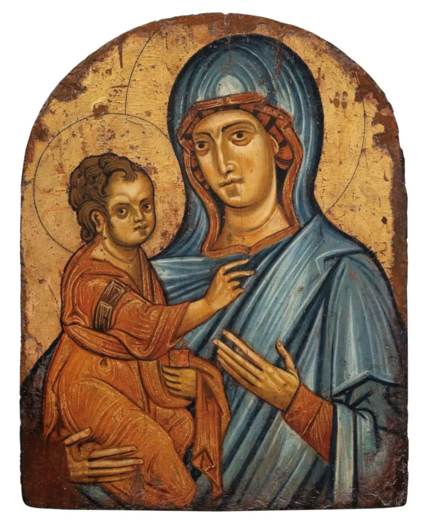 Icona bizantina: Madonna con Bambino, con aureole dorate e sfondo antico.
