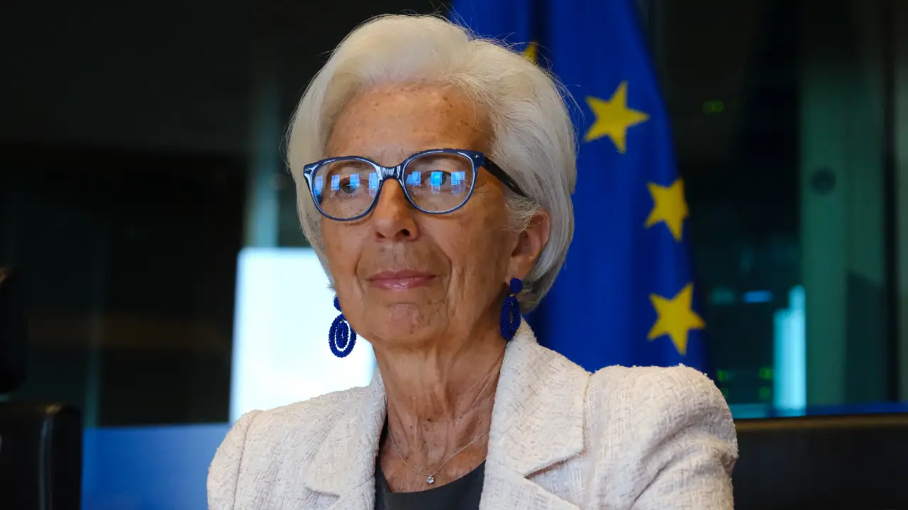 Donna con capelli bianchi, occhiali blu, orecchini blu e giacca bianca, bandiera UE sullo sfondo.