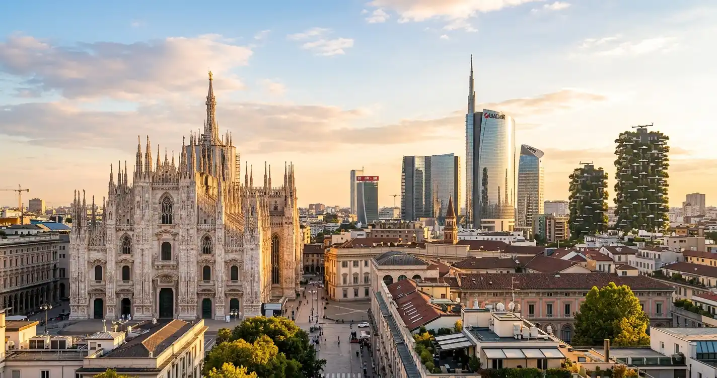 Duomo di Milano e grattacieli moderni con alberi sui balconi, sotto un cielo al tramonto.