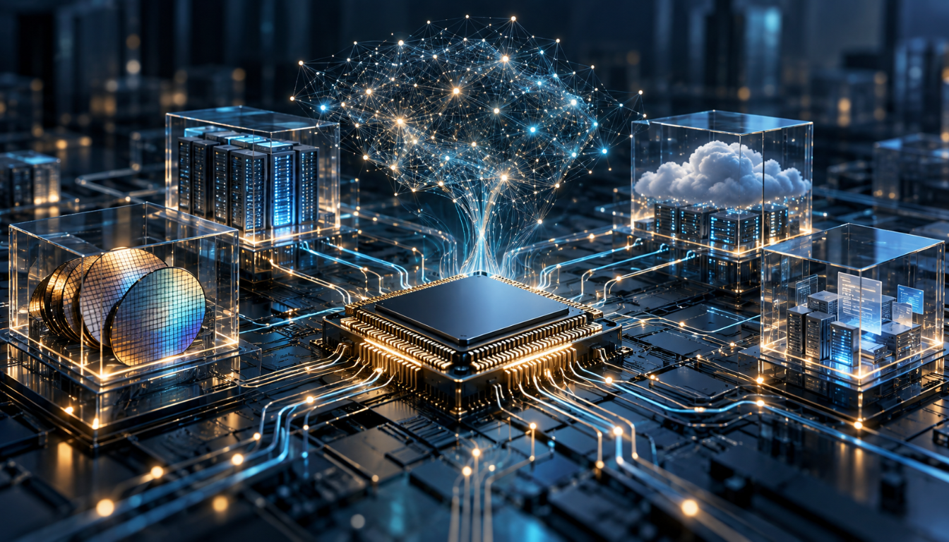 Processore centrale con circuiti luminosi, wafer, server, cloud e cervello digitale.
