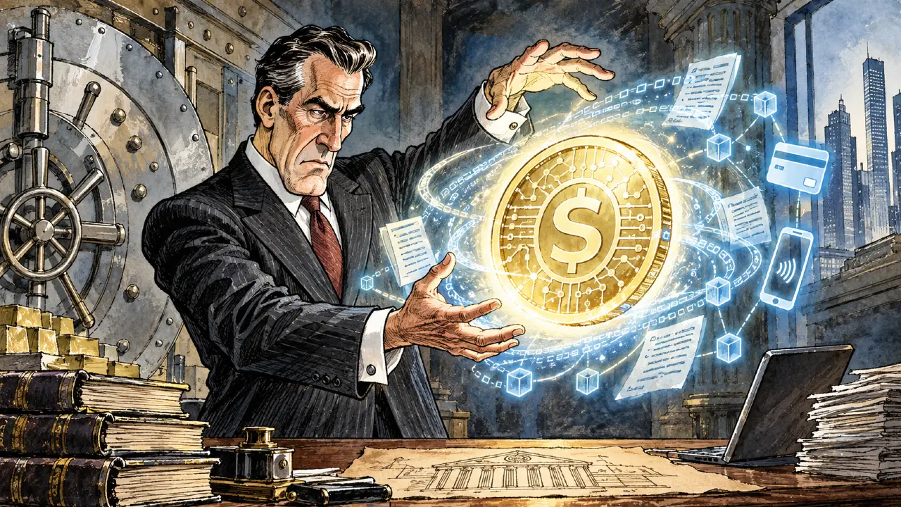 Uomo d'affari con moneta dorata digitale, banconota, carte di credito, smartphone e grattacieli.