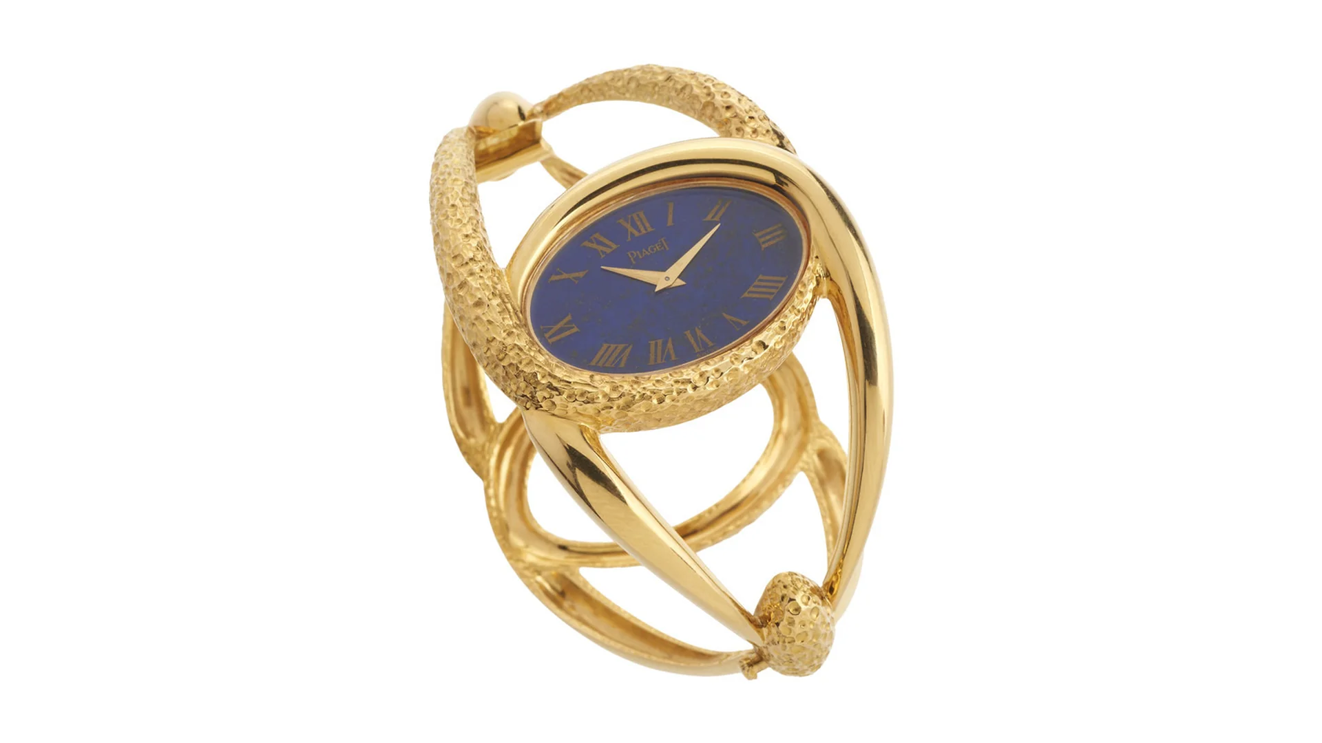 Orologio da polso Piaget in oro giallo con quadrante blu lapislazzuli e numeri romani.