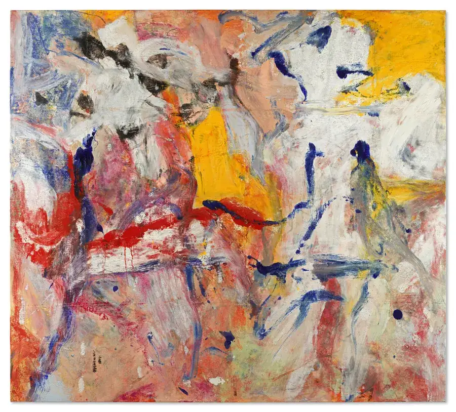 Pittura astratta con pennellate energiche di rosso, giallo, blu e bianco.