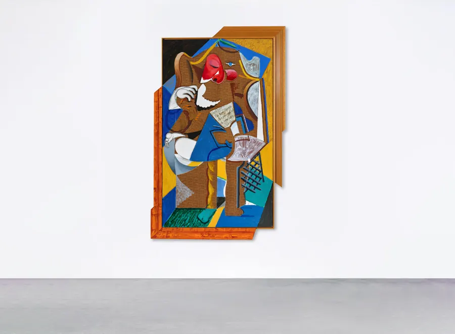 Dipinto astratto di una figura seduta con colori vivaci e forme geometriche.