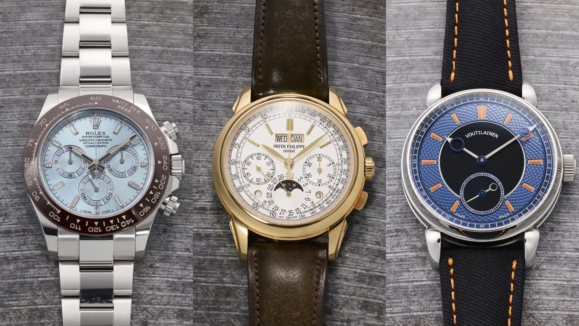 Tre orologi di lusso: Rolex azzurro, Patek Philippe oro, Voutilainen blu che andranno all'asta online di orologi di Phillips