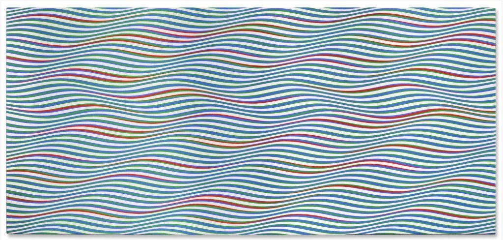 opera di Bridget Riley, onda sinuosa di linee bianche, blu, verdi e rosse fra i risultati di Christies alla Frieze Week